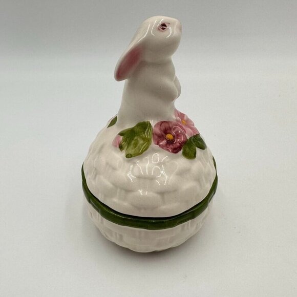 Vintage Weiss Avon Porcelain 4.5" Trinket Box Hand Painted Bunny Egg Basket 1982 - Picture 7 of 12